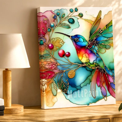 Colorful Hummingbird Floral Abstract Watercolor Bird, Canvas Wall Art Print, Living Room Bedroom Office Decor, Gallery Wall Accent, Stylish Decorative Artwork, For Sofa Bed Entryway Hallway