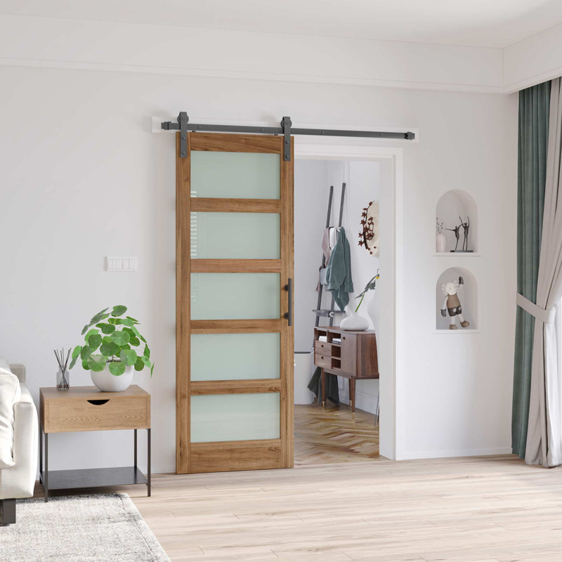 Porte de grange en bois manufacturé en verre brun avec trousse de quincaillerie d'installation, 28 po x 84 po
