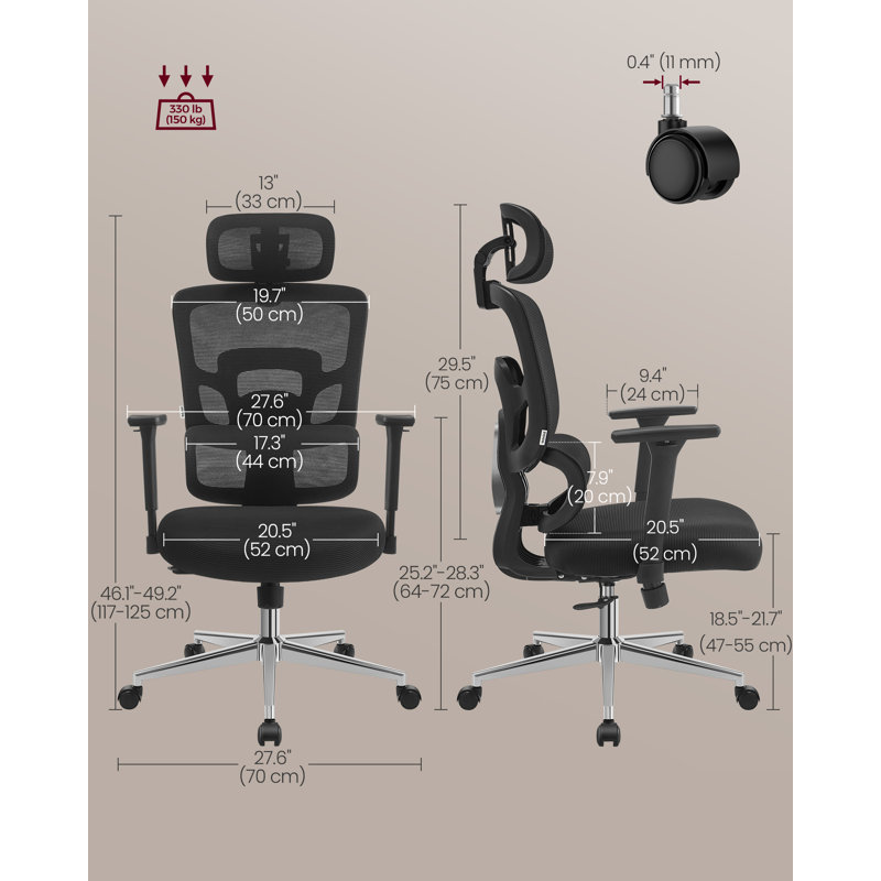 Chaise de bureau, chaise à dossier haut en filet pour bureau d'ordinateur, support lombaire à hauteur réglable, ergonomique, appui-tête et accoudoirs réglables en 3D, fonction d'inclinaison, pour le bureau personnel, noir encre