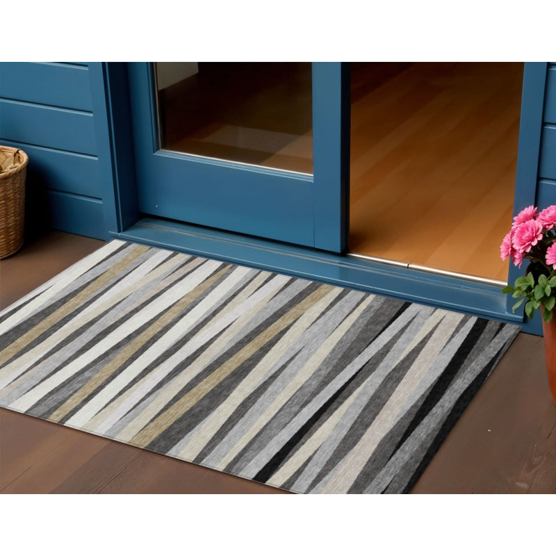 3' X 5' Gray Ivory And Beige Striped Washable Indoor Outdoor Area Rug