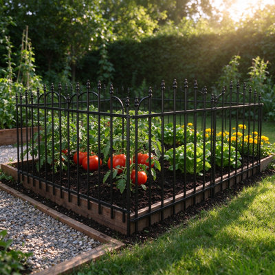 Roman Column Arch Garden Fence Border 12ft L x 24in W x 26in H Black Metal No-Dig Stake-In Animal Barrier for Dogs 6Pack