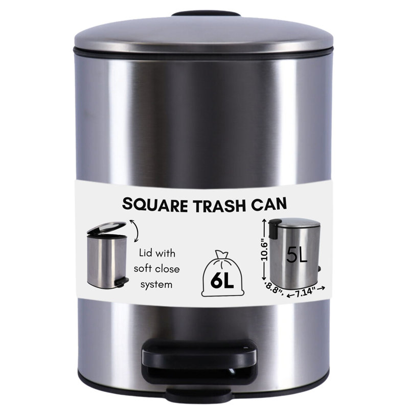 Large Chrome Metal Trash Can with Silent Soft Close Lid and Foot Pedal