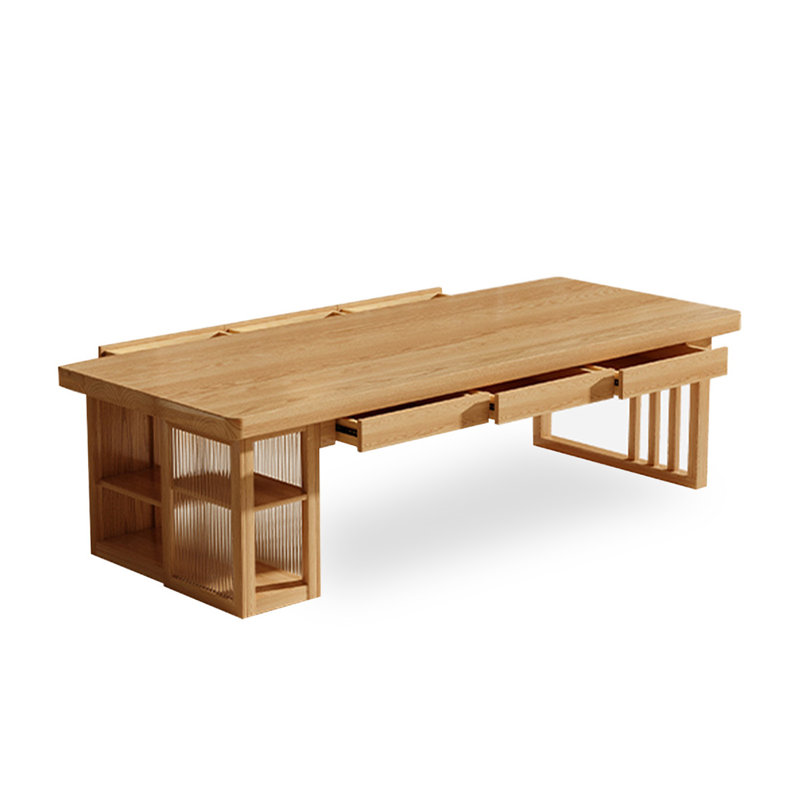 Burlywood Rectangular Solid Wood with 6 drawers desk, 29.53" H x 94.49" W x 35.43" D