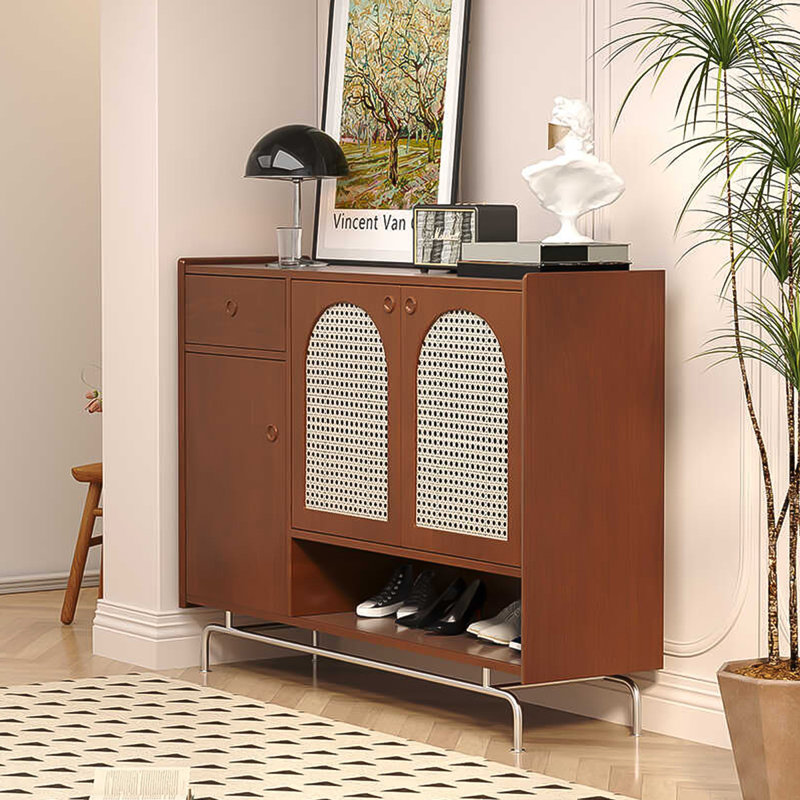 Simple Solid Wood and Rattan Shoe Cabinet for Home Use