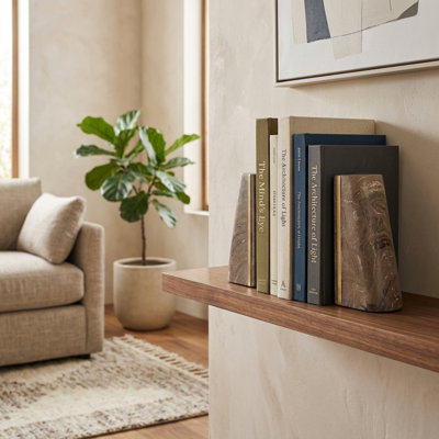 Serre-livres décoratifs en marbre sculpté avec incrustation - Accessoire de décoration moderne pour étagère, bibliothèque et bureau - Lot de 2, 15 cm, brun et blanc