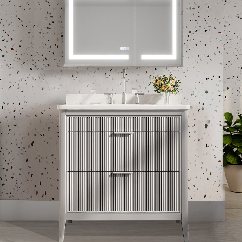 Solid wood Modern Freestanding Single Sink Bathroom Vanity with Engineered Marbl Top, Light Gray, 36"
