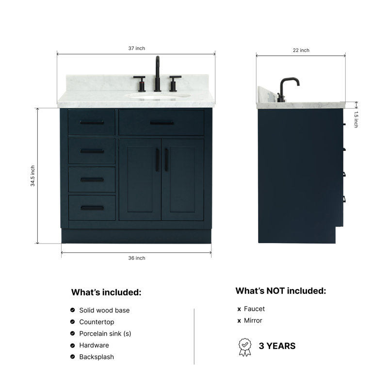 ARIEL HEPBURN 37 IN RIGHT OFFSET RECTANGULAR SINK VANITY 1,5 IN, Right, Oval, Midnight Blue