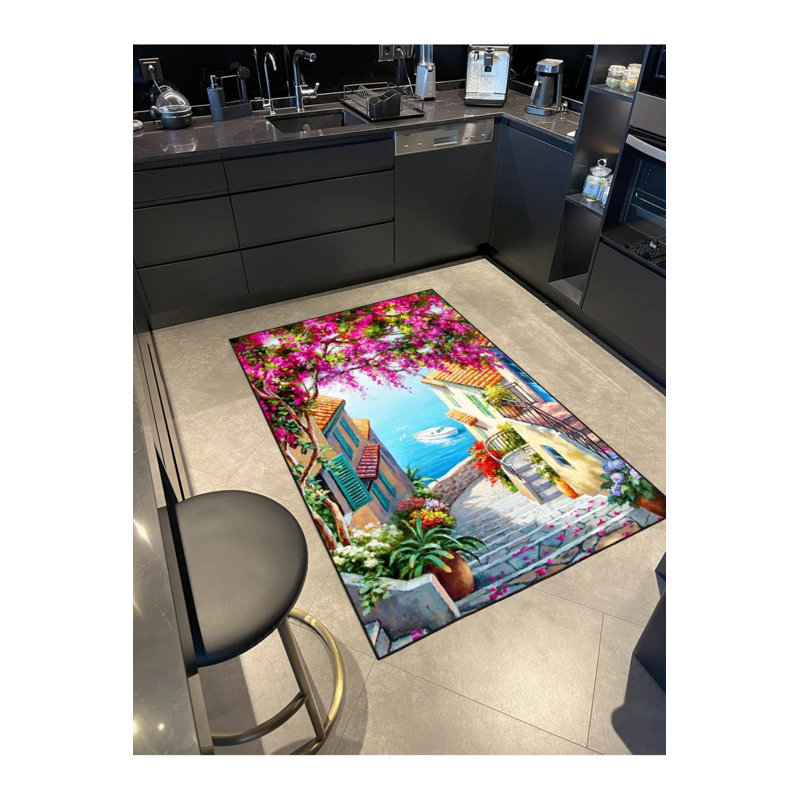 Patterned Washable Carpet With Street And Sea Views, Round 4'