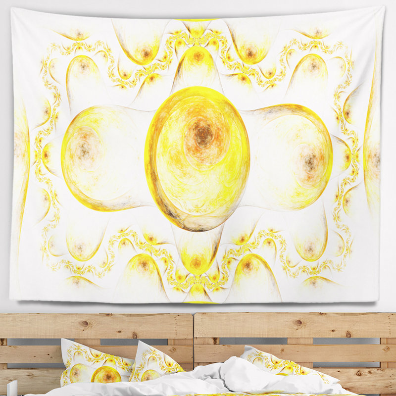 Motif tapisserie abstrait jaune sur fond blanc, H 50 po x l 60 po