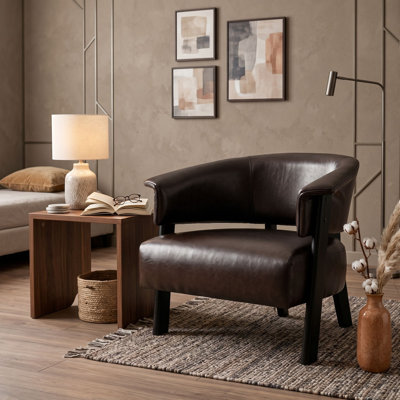 Fauteuil d'appoint à oreilles en similicuir avec pieds robustes en bois