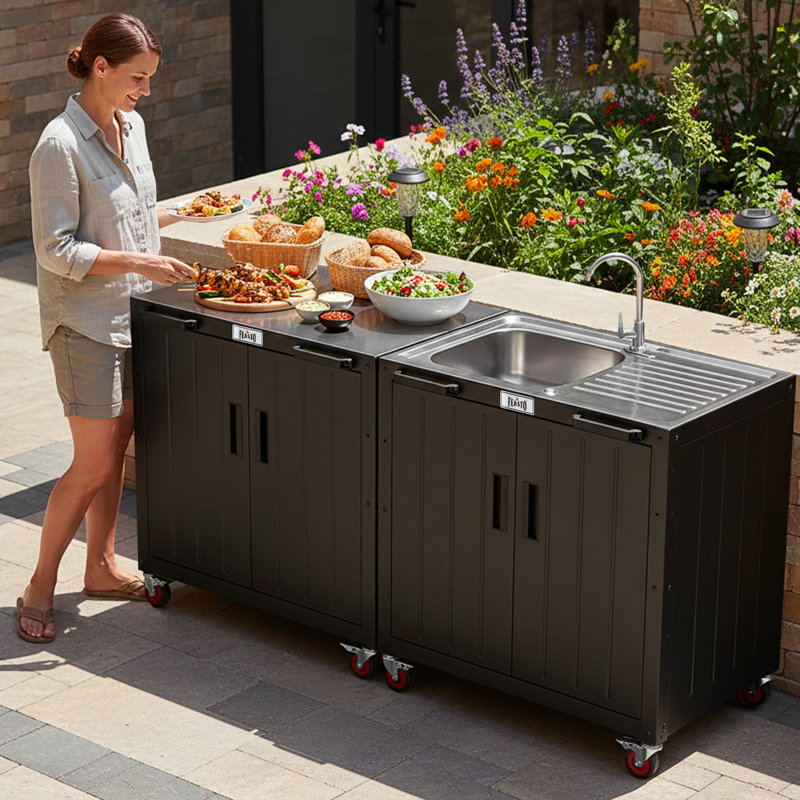 FEASTO 3-Piece Modular Outdoor Kitchen Set with 5-Burner Propane Gas Stove, Storage Cabinet Cart, and Sink Station, Stainless Steel Tops, Rolling BBQ Prep Islands for Patio & Backyard
