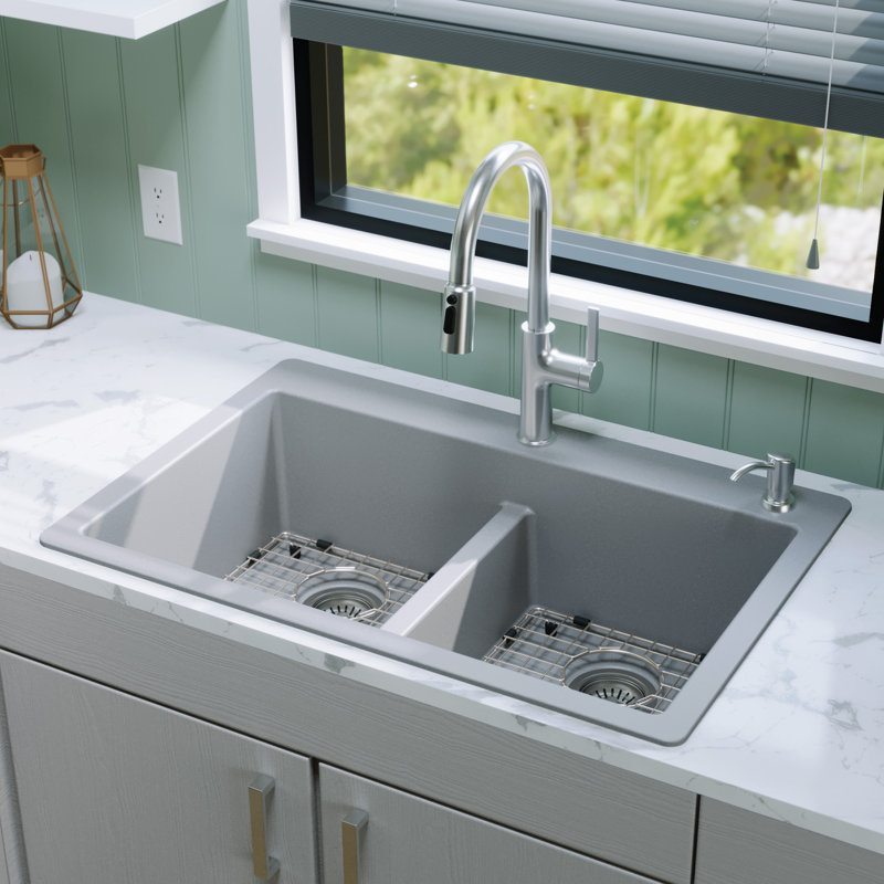 Karran Quartz 33'' X 22'' Double Bowl 50/50 Top Mount Drop-in Kitchen Sink Kit, Gray