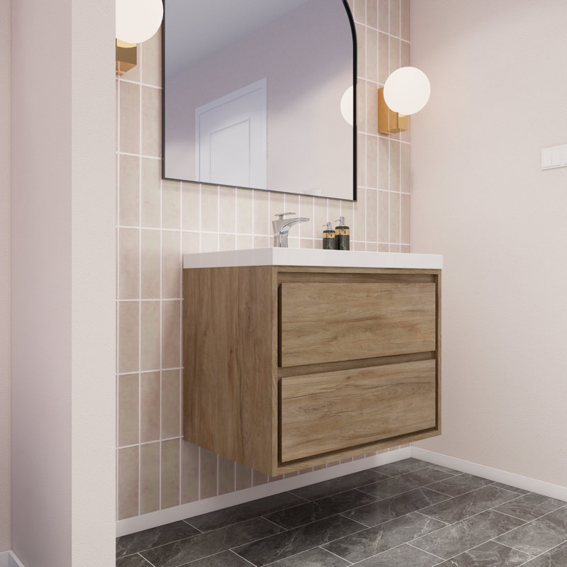 Azden 30" W Wall-Mounted Single Bathroom Vanity Set, White Oak
