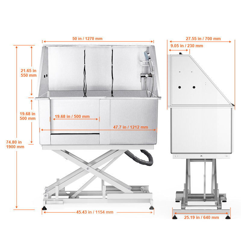 Baignoire de toilettage électrique pour chien en métal 50 po avec ouverture à gauche