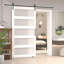 Porte de grange coulissante intérieure 36 po x 84 po en verre trempé givré H 5 po avec quincaillerie Surface en PVC résistant aux rayures-118304923