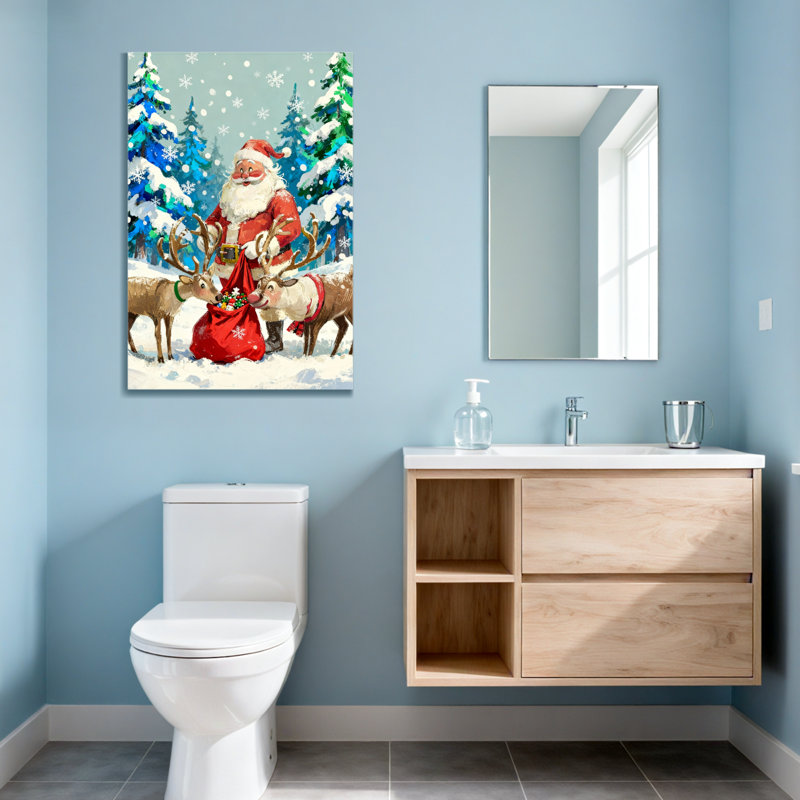 Noël père Noël avec renne dans la forêt enneigée, H 18 po x l 12 po