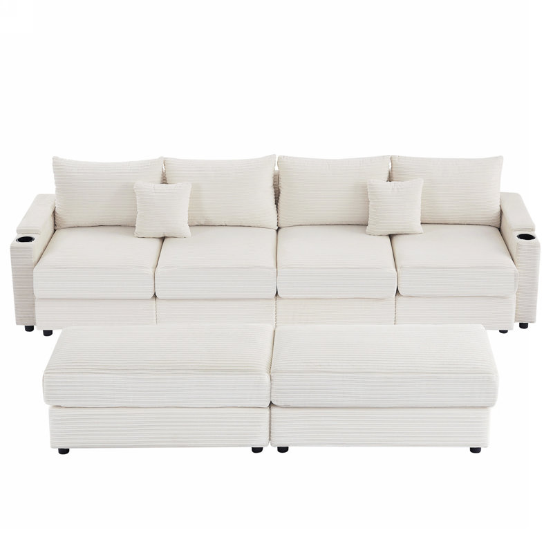 Multifunctional Modular Sofa Sectional With Ottomans, Beige Corduroy, 33.7" H x 95.3" W x 35.4" D