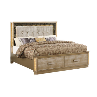 Luxury Queen Bed With A Crystal - Adorned Headboard, Wood Frame, Modern And Glamorous Aesthetic, Multiple Sizes For Bedroom, Bedroom Centerpiece, Timeless Design, Gold Finish Snake Skin Pattern, Led