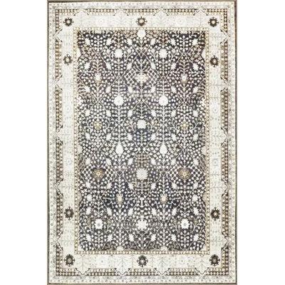 Black Themed Traditional Motif Floral Patterned Vintage Decorative Washable Rug