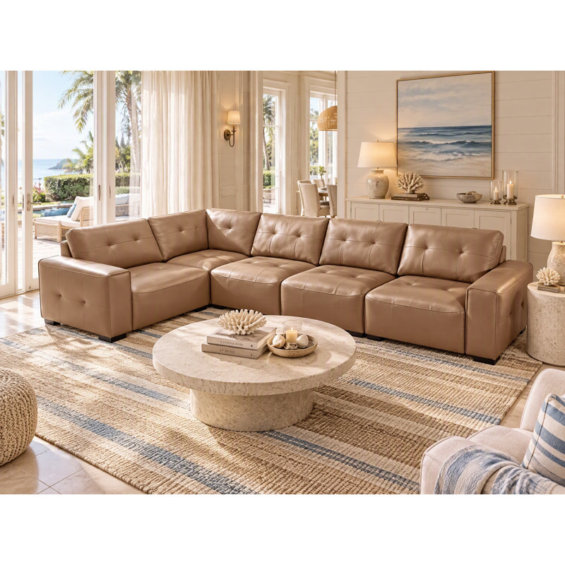Upholstered Leather 5-piece L-sectional, Khaki-Brown Faux Leather