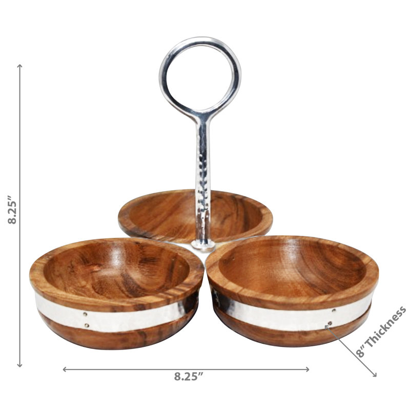 Service de table en bois d'acacia naturel avec 3 sections en nickel martelé