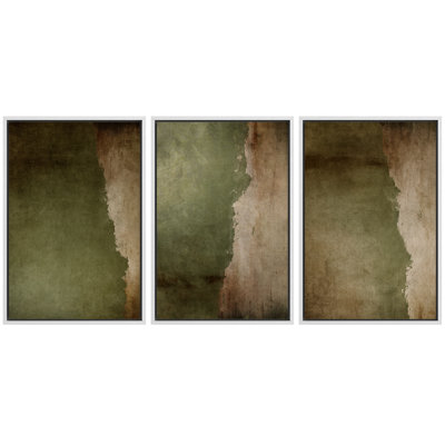 Subtle Olive Green Abstract Earth Tones Triptych – Pictures Extra Large Framed Canvas Print 3 Pieces Wall Art