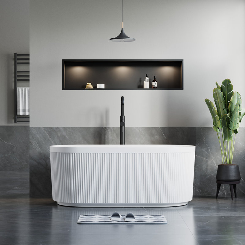 59'' x 30'' Freestanding Soaking Acrylic Bathtub with Overflow, Fluted Design, Matte White
