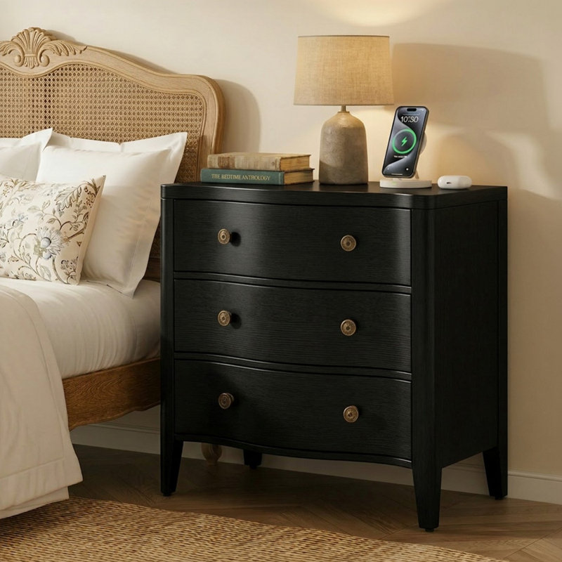 Andrile 27'' W Transitional 3-Drawer Curved End Table with Charging Station and Solid Wood Legs, Black