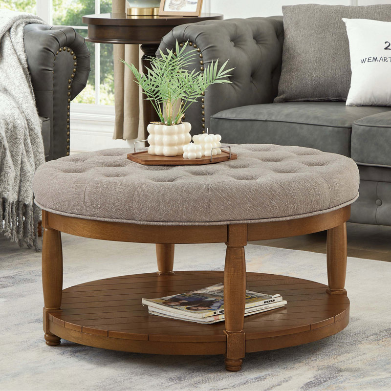 Grand repose-pieds rond avec rangement en bois et conception capitonnée, Lin