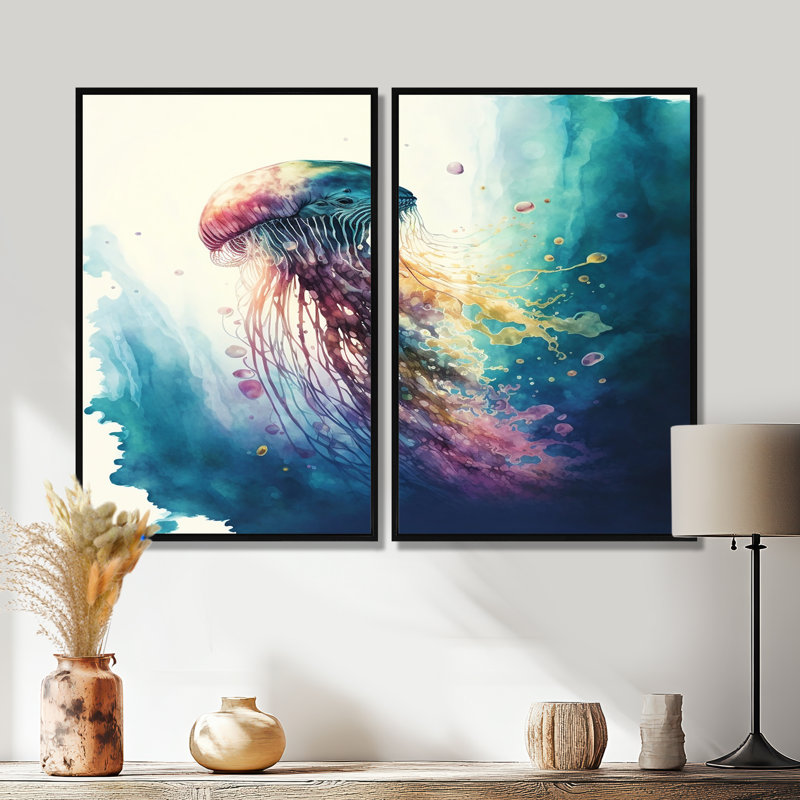 Colorful Deepsea Jellyfish V - Blue, reproduction d'art sur toile, H 36 po x l 48 po, Impression encadrée flottante, Noir