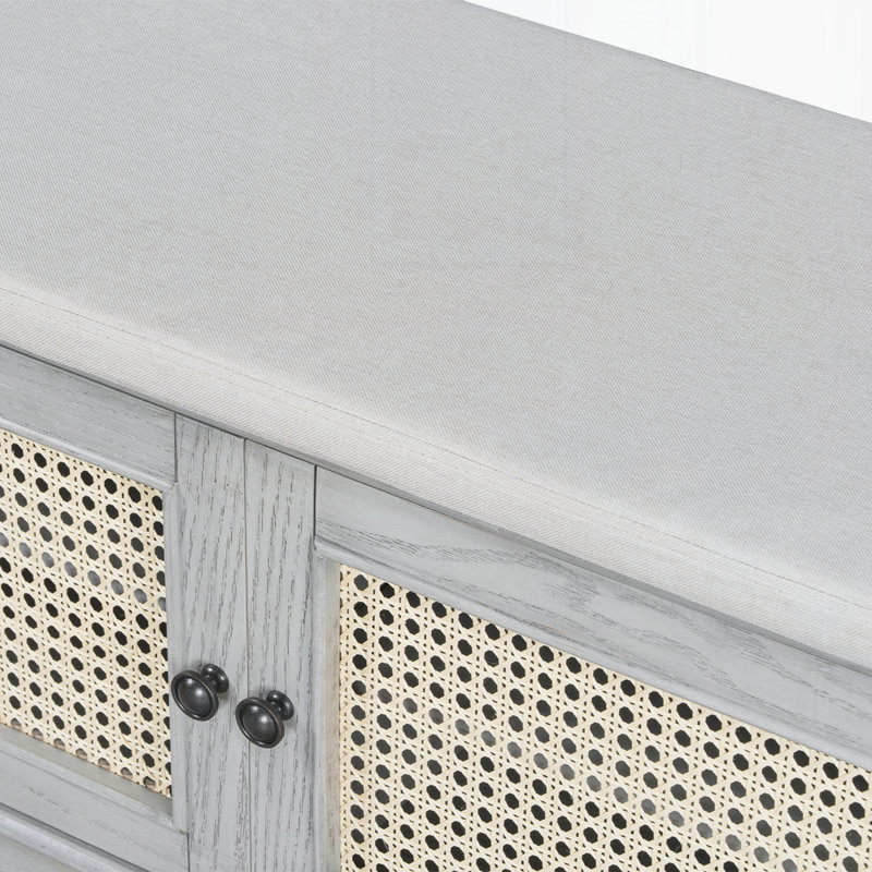 Banc d'entrée en rotin avec rangement Boho, Gris délavé / beige