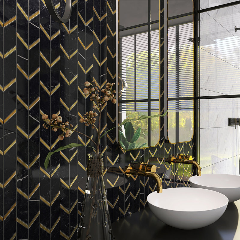 Carreau de mosaïque en marbre poli à chevrons Supreme Tile Natural 11,82 po x 12,41 po, Noir / or