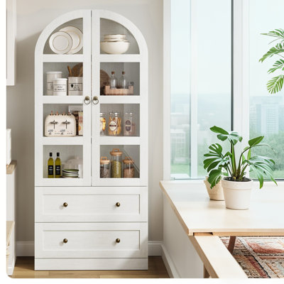 72" Tall Arched Kitchen Pantry Cabinet, Farmhouse Wood Storage Cabinet with Glass Door, 2 Large Drawers, Freestanding Organizer for Dining Room & Livi by Breakwater Bay
