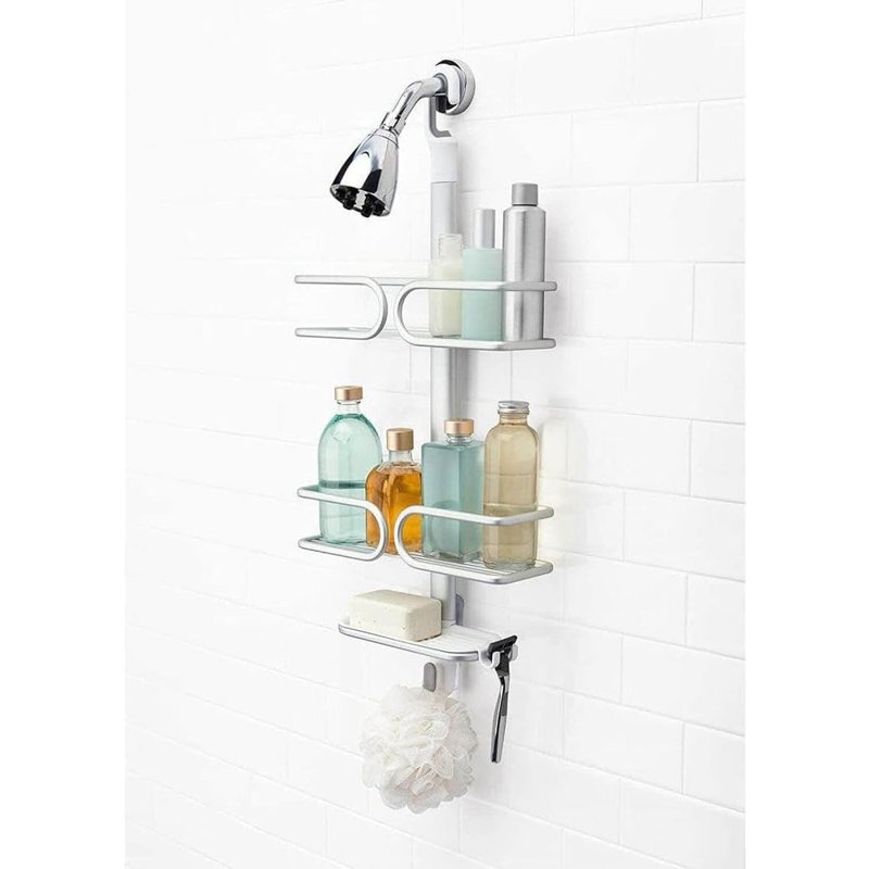 Étagère de douche en aluminium à 3 niveaux avec tablettes antirouille, crochets de fixation et ventouses de rangement.