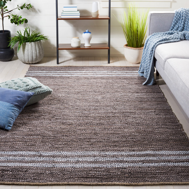 Riehle Hand Woven Leather/Cotton/Jute Rug in White/Gray, Rectangle 5' x 8'