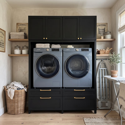 Washer and Dryer Storage Cabinet with 4 Drawers, 4-Door Upper Storage, Reinforced Steel Platform and Adjustable Feet