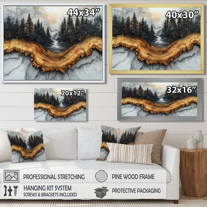 Paysage hivernal de forêt avec rivière en cristal II - forêt, art mural, Cadre simple, Noir, H 12 po x l 20 po