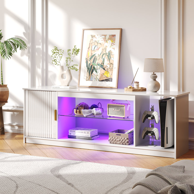 Labelle 57" W LED Lighted TV Stand with Fluted Doors , White
