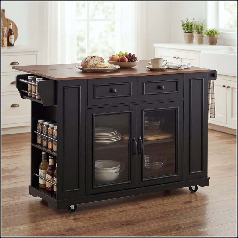 Îlot de cuisine 54 po avec rangement pour porte en verre, prise de courant et porte-couteau - noir, Noir, noyer
