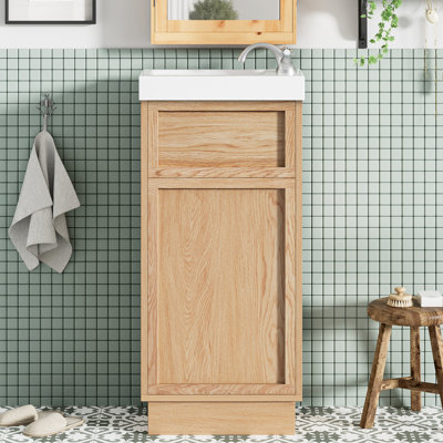Meuble-lavabo de 16,08 po de style rustique avec lavabo réversible en résine, tablette réglable, porte à pousser, charnières à fermeture en douceur, finition grain de bois pour les petits espaces fonctionnels, espaces