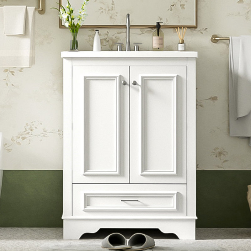 Meuble-lavabo 24 po avec lavabo en céramique, armoire de rangement autoportante moderne avec poignées argentées, portes à fermeture douce