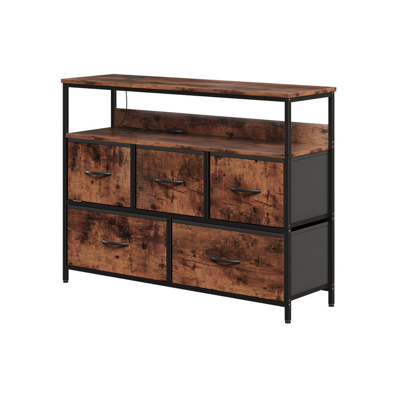 Multi-Function Steel-Wood 5-Drawer Storage Cabinet with Fabric Drawers, and Power Outlets, Brown