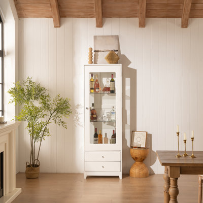 Armoire à vin autoportante de 71 po avec porte vitrée, éléments rembourrés, 2 tiroirs de rangement, tablettes réglables, plafond à DEL 5 couleurs, vue panoramique à 180 ° pour agencement de bureau - portes blanches, salle à manger