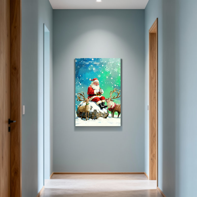 Noël père Noël avec renne dans un paysage enneigé, H 18 po x l 12 po