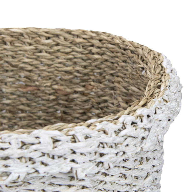 Set of 3 Beige and White Round Wicker Table and Floor Baskets