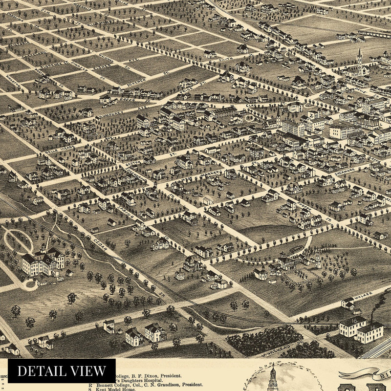 Carte de 1891 à Greensboro en Caroline du Nord, L 36 po x H 24 po