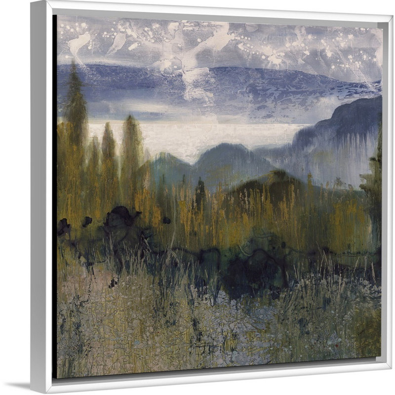 « distante peak », peinture sur toile, H 37,7 po x l 37,7 po x p 1,75 po, Cadre flottant blanc