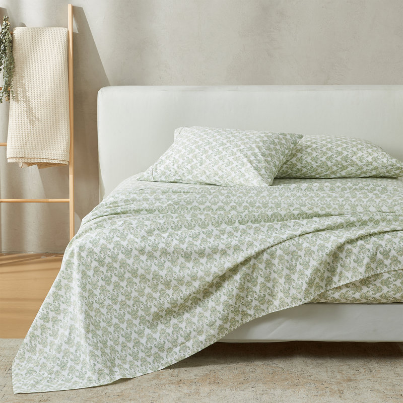 Ensemble de draps 100% coton à imprimé floral percale, Ensemble de draps pour très grand lit avec 2 taie, Blanc/vert