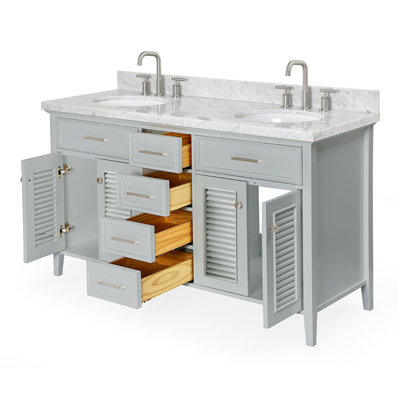 Kensington 61'' W Double Vanity, Oval, Gray, Carrara White Marble