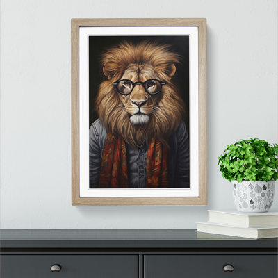 Lion With Glasses - Single Picture Frame Print on Wood